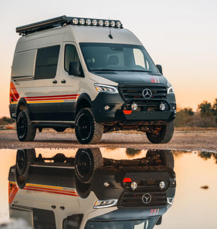 Storyteller Beast Mode Van in the desert at sunset