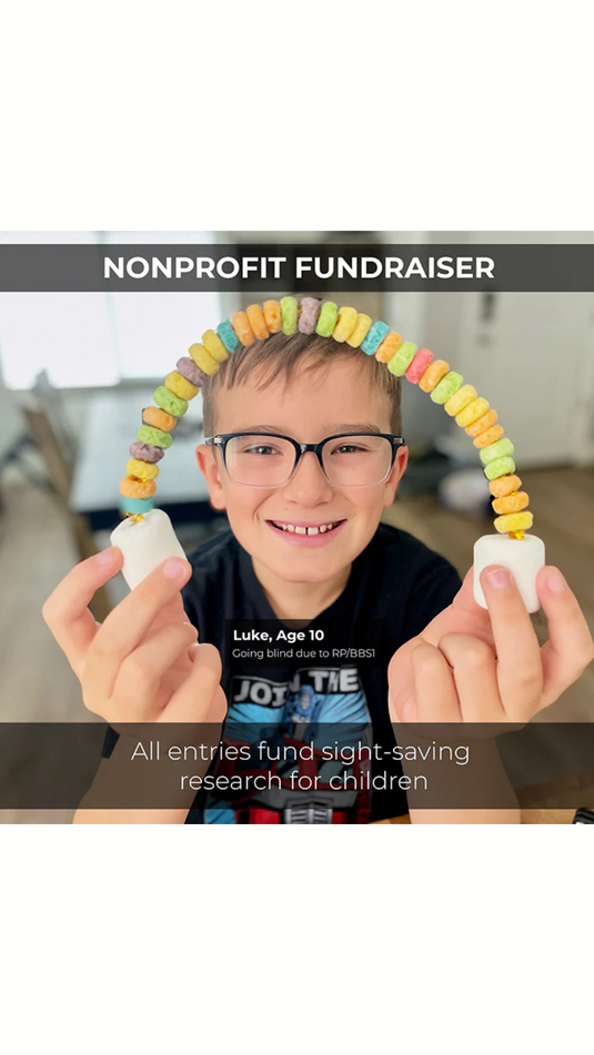 Luke holding a rainbow craft made out of fruit-loops and marshmallows with text 'NONPROFIT FUNDRAISER"