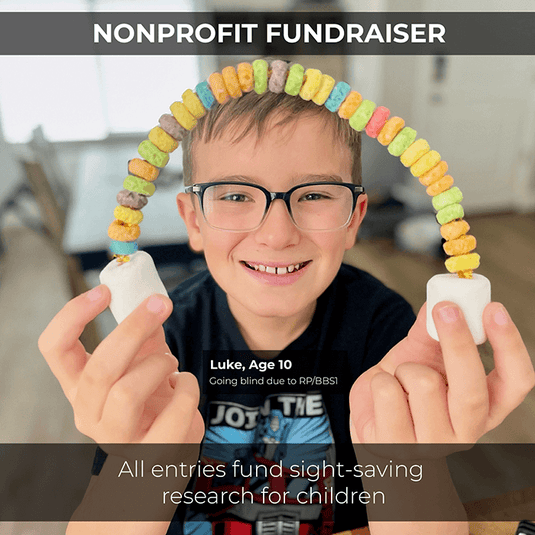 Luke holding a rainbow craft made out of fruit-loops and marshmallows with text 'NONPROFIT FUNDRAISER"